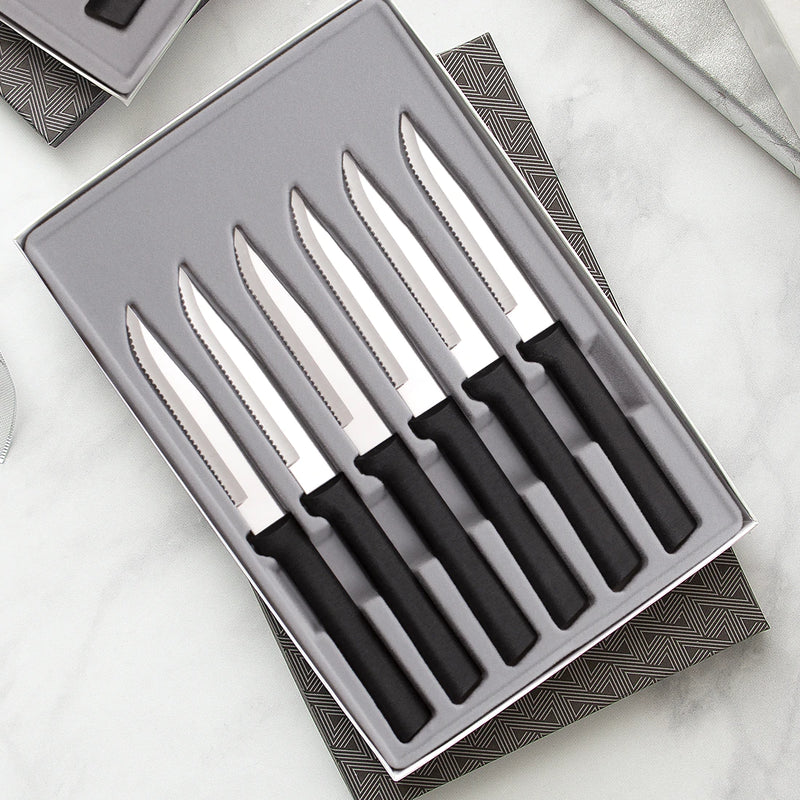 Rada Cutlery Serrated Steak Stainless Steel Knives Set with Black Stainless Steel Resin Handle - Set of 6