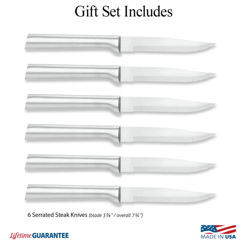 Rada Cutlery Serrated Steak Knife Set With Silver Aluminum Handles, Set of 6