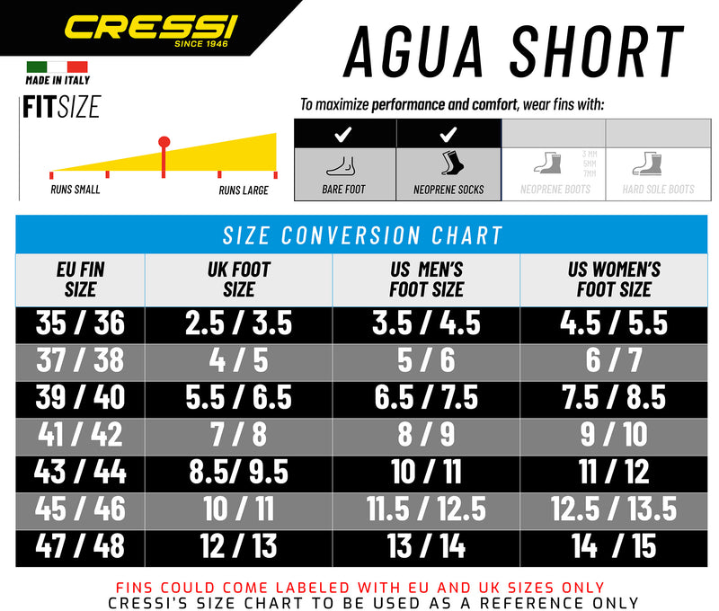 Cressi Adult Short Light Swim Fins with Self-Adjustable Comfortable Full Foot Pocket - Perfect for Traveling - Agua Short: Made in Italy