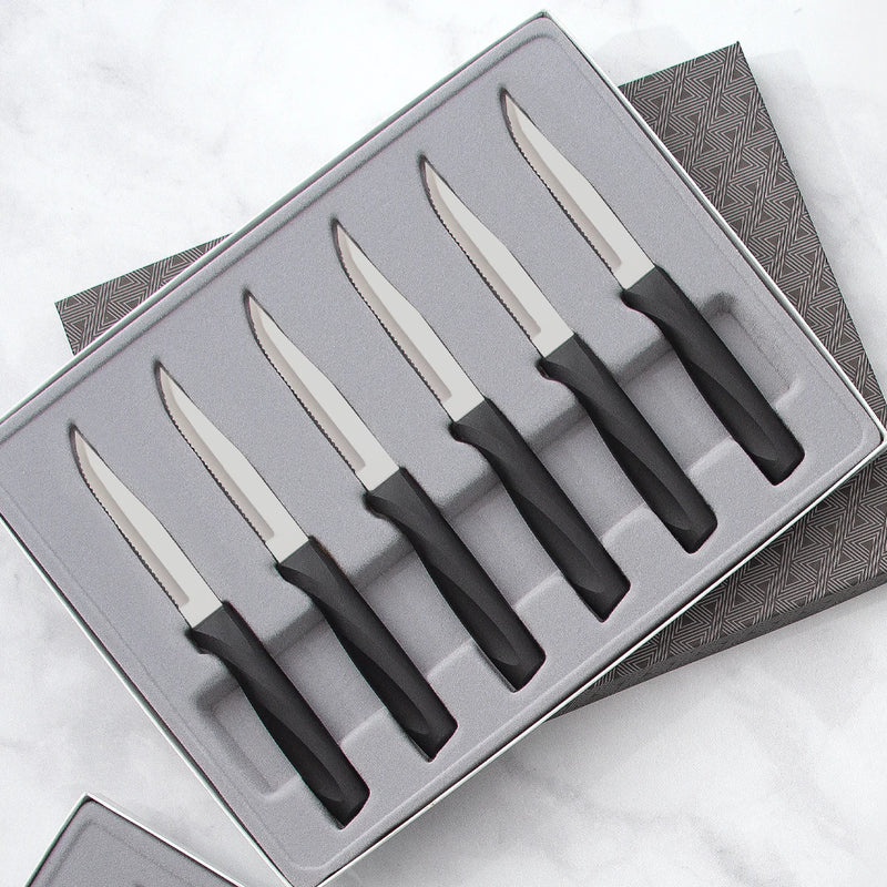 Rada Cutlery Anthem Series Serrated Knife Set Ergonomic Black Resin Handles - Set of 6