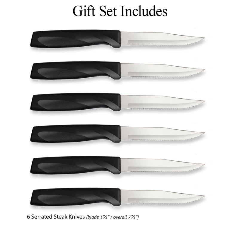 Rada Cutlery Anthem Series Serrated Knife Set Ergonomic Black Resin Handles - Set of 6