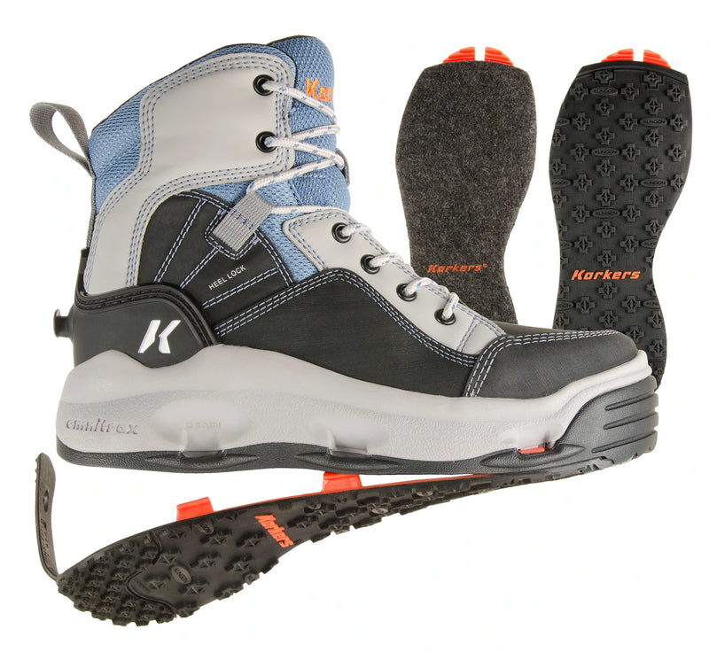 Korkers Women's Buckskin Mary with Felt & Kling-On Soles, Sharkskin/Riverside