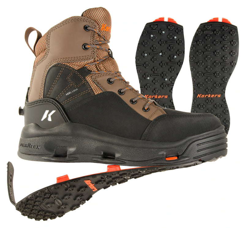 Korkers Buckskin Wading Boot with Kling-On and Studded Kling-On Outsoles, Chocolate Chip/Black