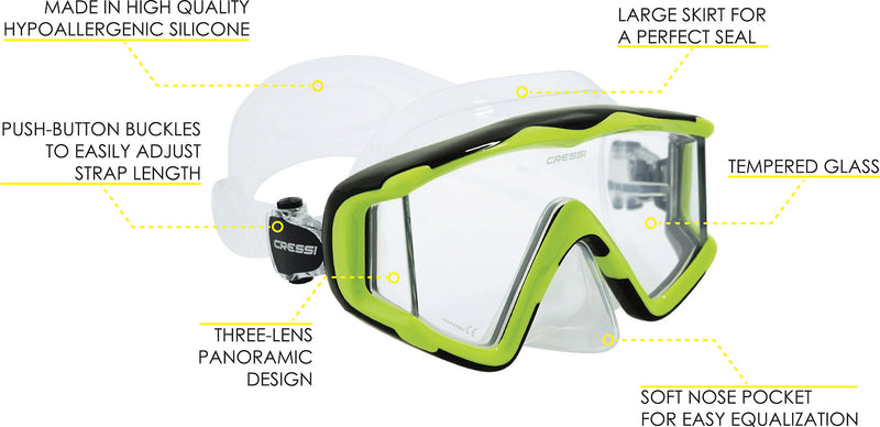 Cressi Panoramic Wide View Mask & Dry Snorkel Kit for Snorkeling, Scuba Diving | Pano 3 & Supernova Dry: designed in Italy