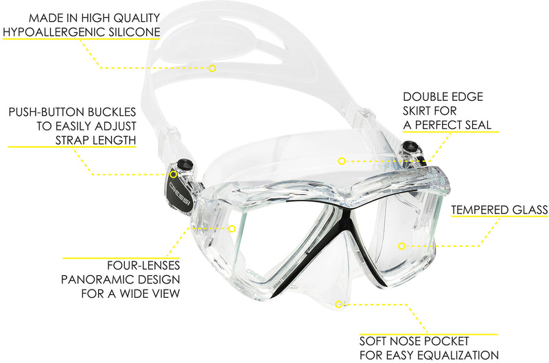 Cressi Panoramic Wide View Mask & Dry Snorkel Kit for Snorkeling, Scuba Diving - Pano 4 & Supernova Dry: designed in Italy