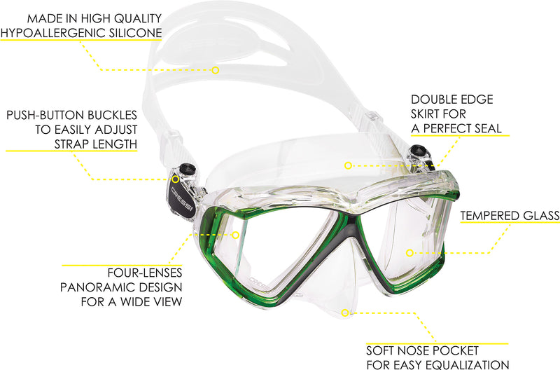 Cressi Panoramic Wide View Mask & Dry Snorkel Kit for Snorkeling, Scuba Diving - Pano 4 & Supernova Dry: designed in Italy