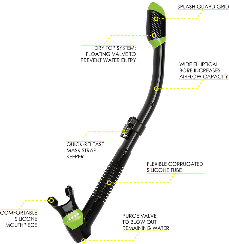 Cressi Dry Snorkel for Scuba Diving and Snorkeling Snorkel Tube with Dry Top Splash Guard