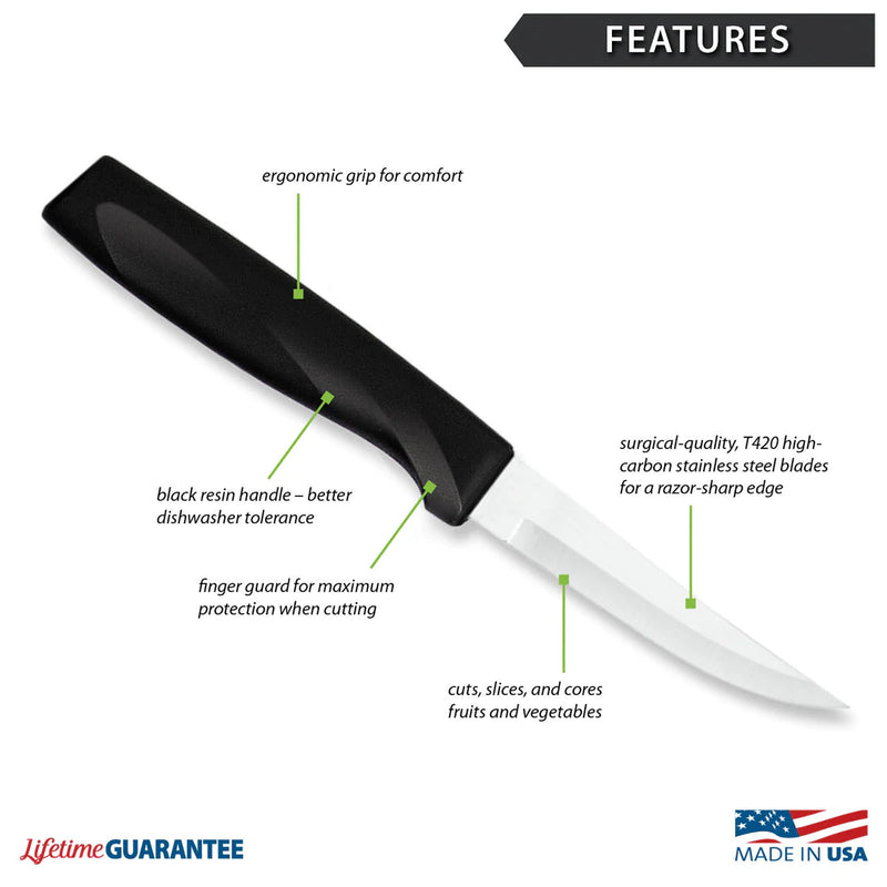 Rada Cutlery Anthem Series Heavy Duty Paring Knife Stainless Steel Blade with Ergonomic Black Resin Handle - 7-3/8 Inches
