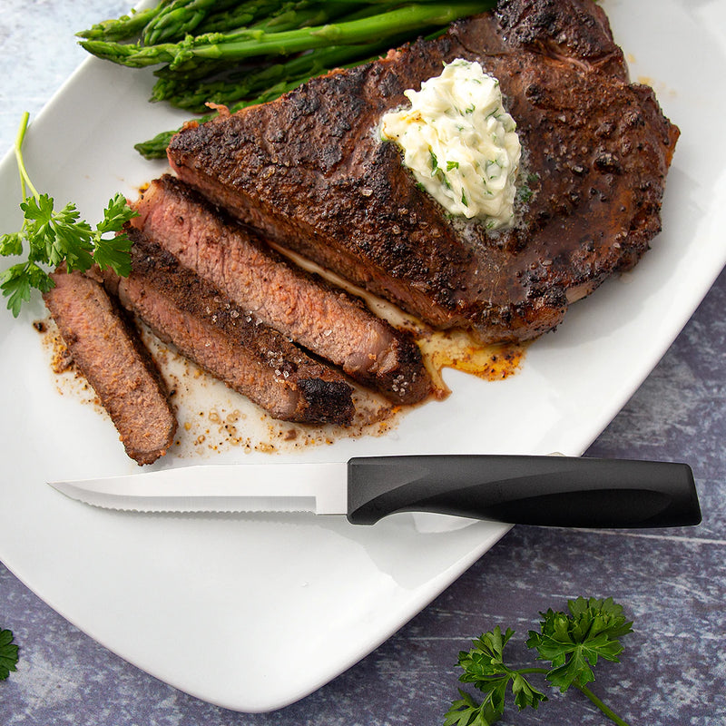 Rada Cutlery Anthem Series Serrated Stainless Steel Dining Steak Knife with Ergonomic Black Resin Handle - 3-7/8 inches