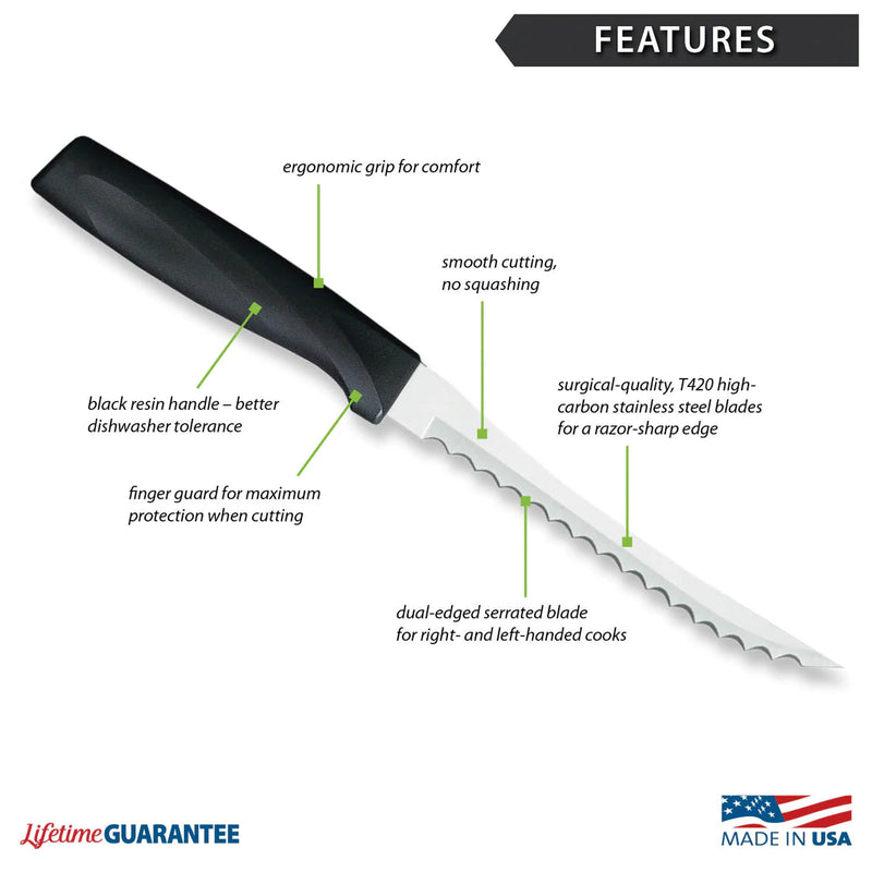 Rada Cutlery Anthem Series Tomato Slicing Knife Stainless Steel Blade with Ergonomic Black Resin Handle - 9 Inches