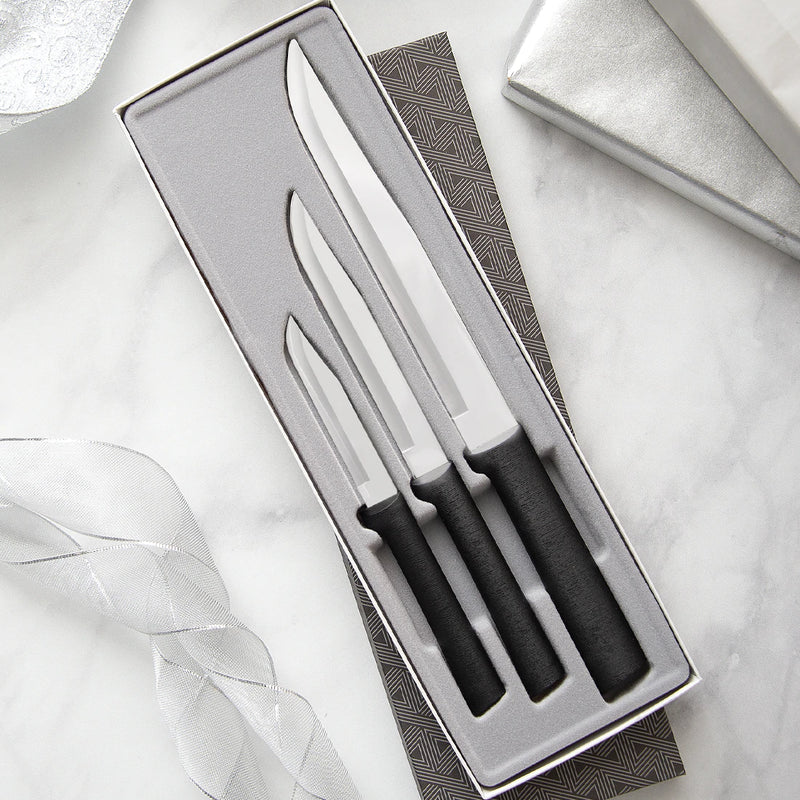 Rada Cutlery Housewarming Knife 3 Piece Gift Set Stainless Steel Knives With Black Resin Stainless Steel Handles