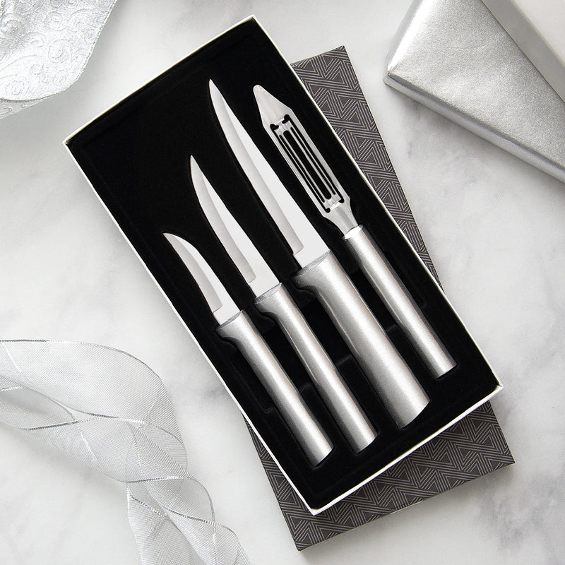 Rada Cutlery Meal Prep 4-Piece Paring Knife Gift Set Stainless Steel Blades and Silver Aluminum Handles