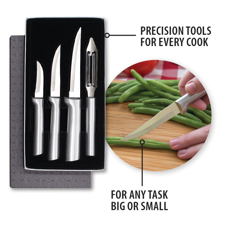 Rada Cutlery Meal Prep 4-Piece Paring Knife Gift Set Stainless Steel Blades and Silver Aluminum Handles