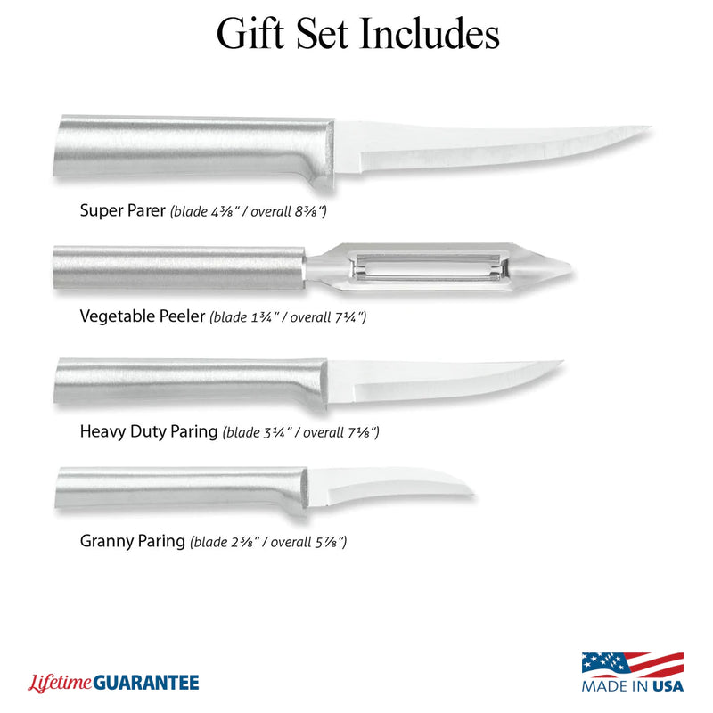 Rada Cutlery Meal Prep 4-Piece Paring Knife Gift Set Stainless Steel Blades and Silver Aluminum Handles