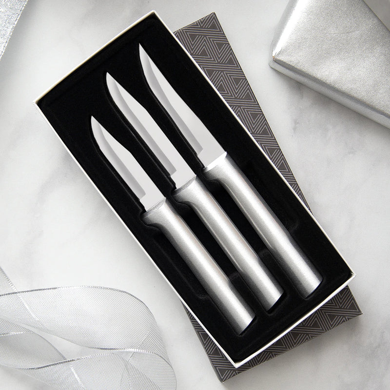 Rada Cutlery Paring Knife Set 3 Knives with Stainless Steel Blades and Brushed Aluminum - Silver Handle