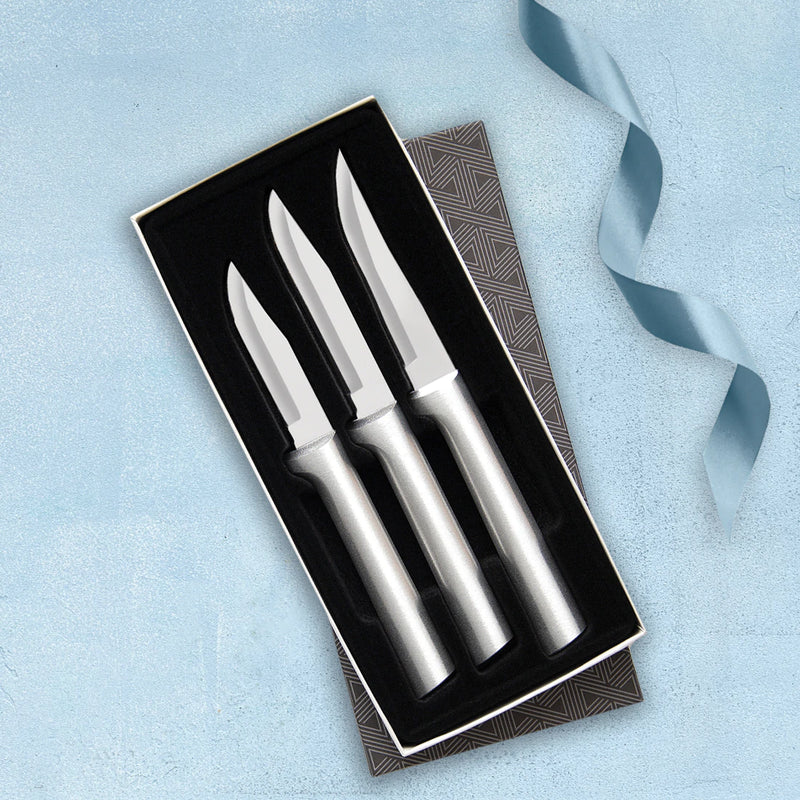 Rada Cutlery Paring Knife Set 3 Knives with Stainless Steel Blades and Brushed Aluminum - Silver Handle