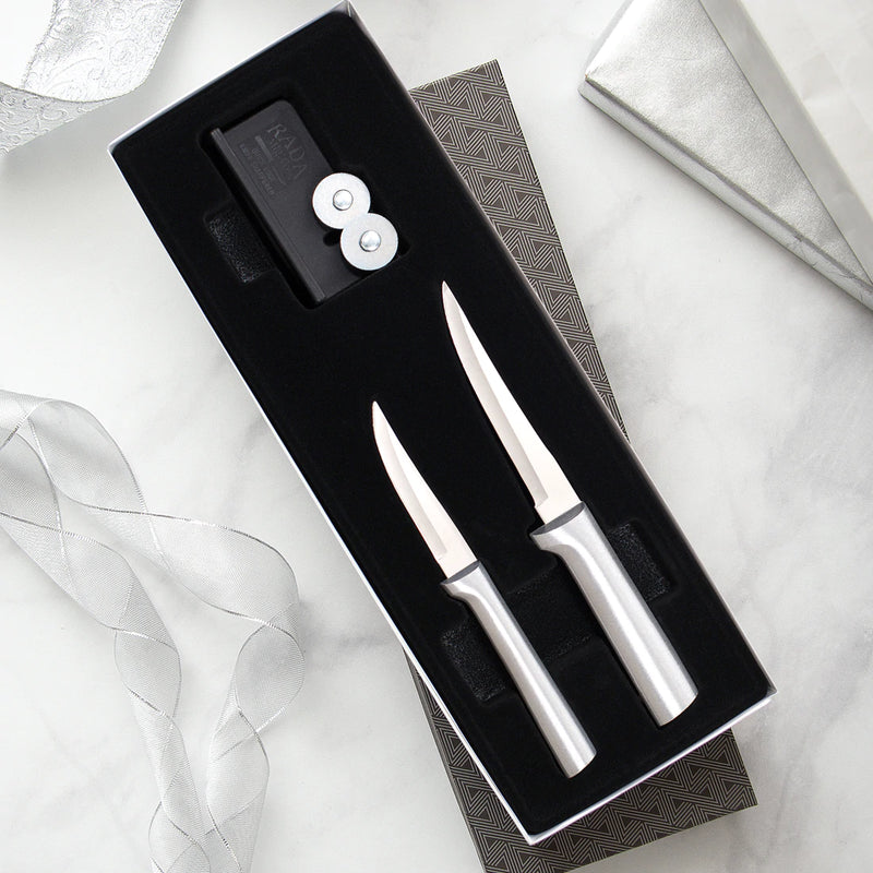 Rada Cutlery Paring Set and Knife Sharpener Stainless Steel Blades With Silver Aluminum Handle