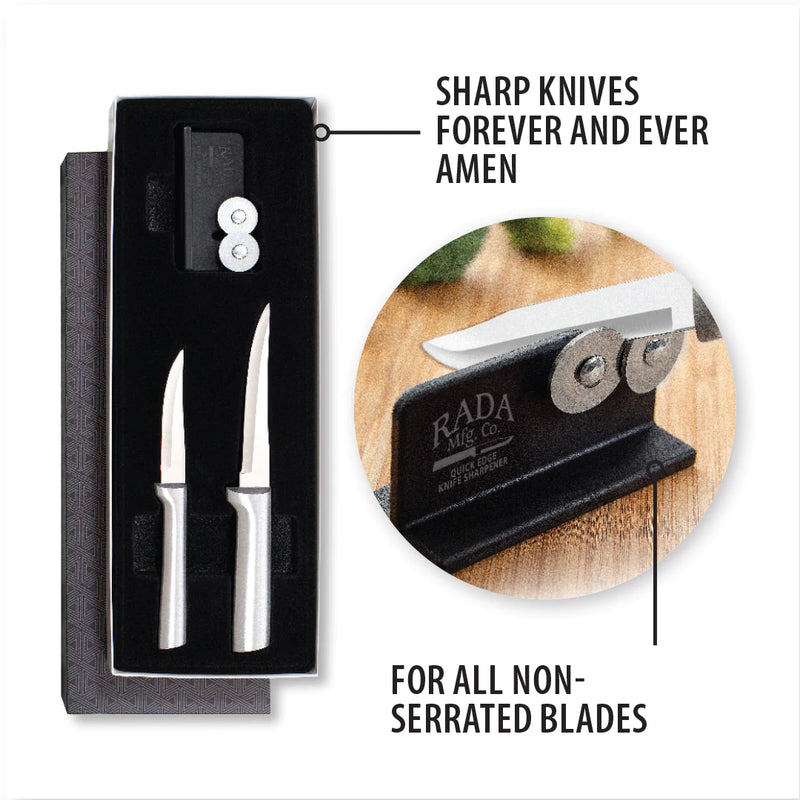 Rada Cutlery Paring Set and Knife Sharpener Stainless Steel Blades With Silver Aluminum Handle