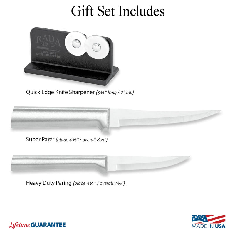 Rada Cutlery Paring Set and Knife Sharpener Stainless Steel Blades With Silver Aluminum Handle