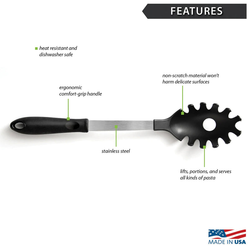 Rada Heat Resistant Spaghetti Spoon - Pasta Server Kitchen Utensil with Ergonomic Comfort Grip Handle - 13-1/4 Inches