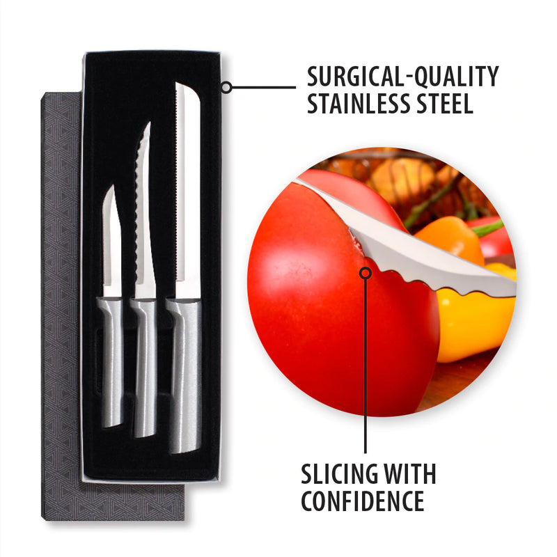 Rada Cutlery Sensational Serrations 3-Piece Kitchen Knife Set Stainless Steel Blade and Aluminum - Silver Handle