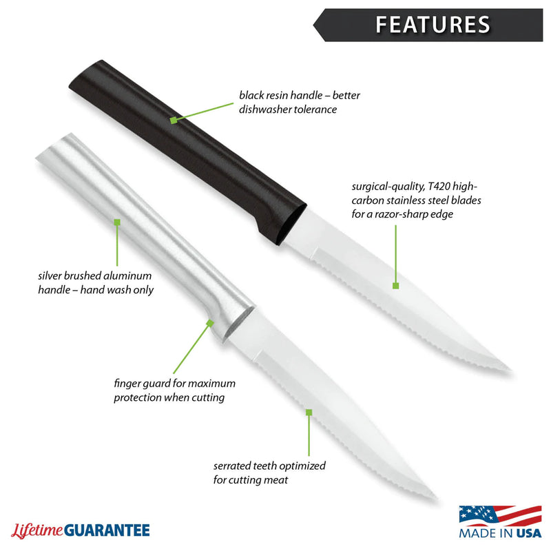 Rada Cutlery Serrated Steak Knife Blade Stainless Steel Resin - 7-3/4 Inches, Black Handle