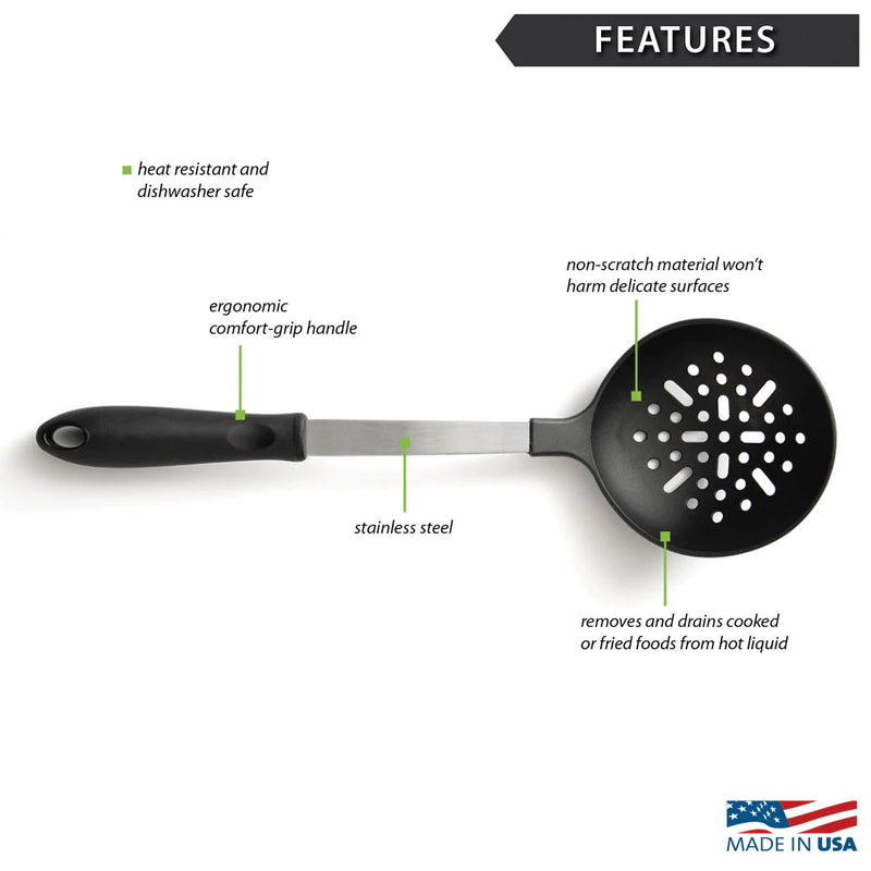 Rada Cutlery Non-Scratch Skimmer Spoon - Heat Resistant Strainer Ladle Slotted Spoon with Ergonomic Comfort Grip Handle - 13-1/4 Inches