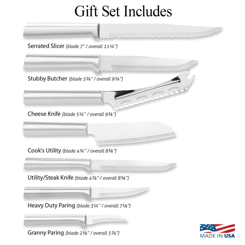 Rada Cutlery Knives Gift Set Stainless Steel Blades and Aluminum, Set of 7 - Silver Handle